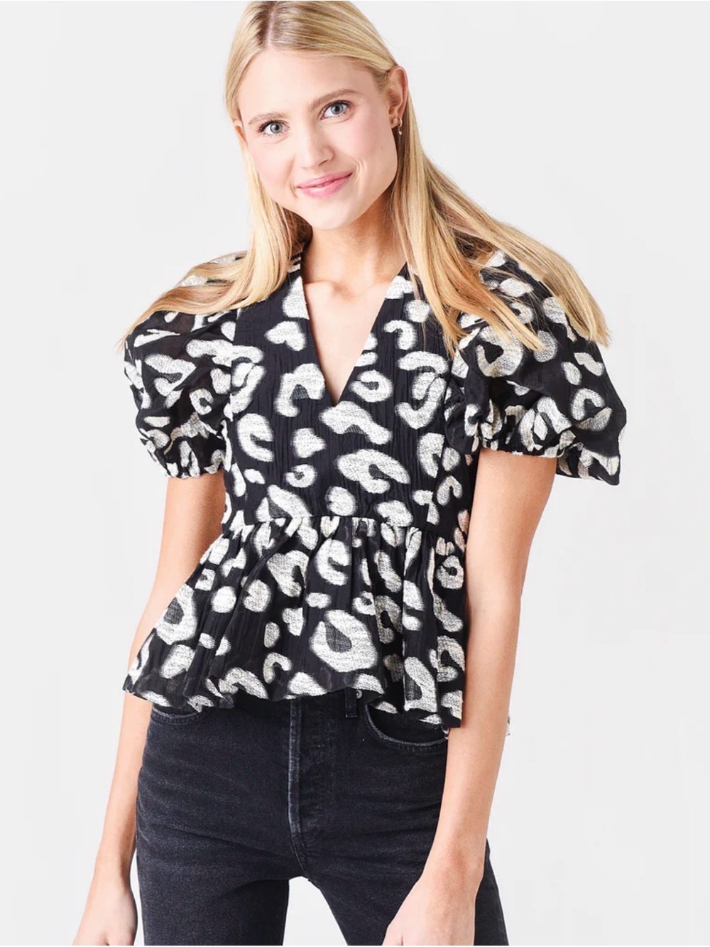 HUNTER BELL Black & White Leopard Puff-Sleeve Peplum Top